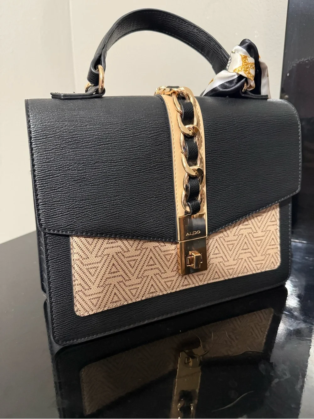 ALDO Black and Beige Structured Top-Handle Satchel with Gold Chain